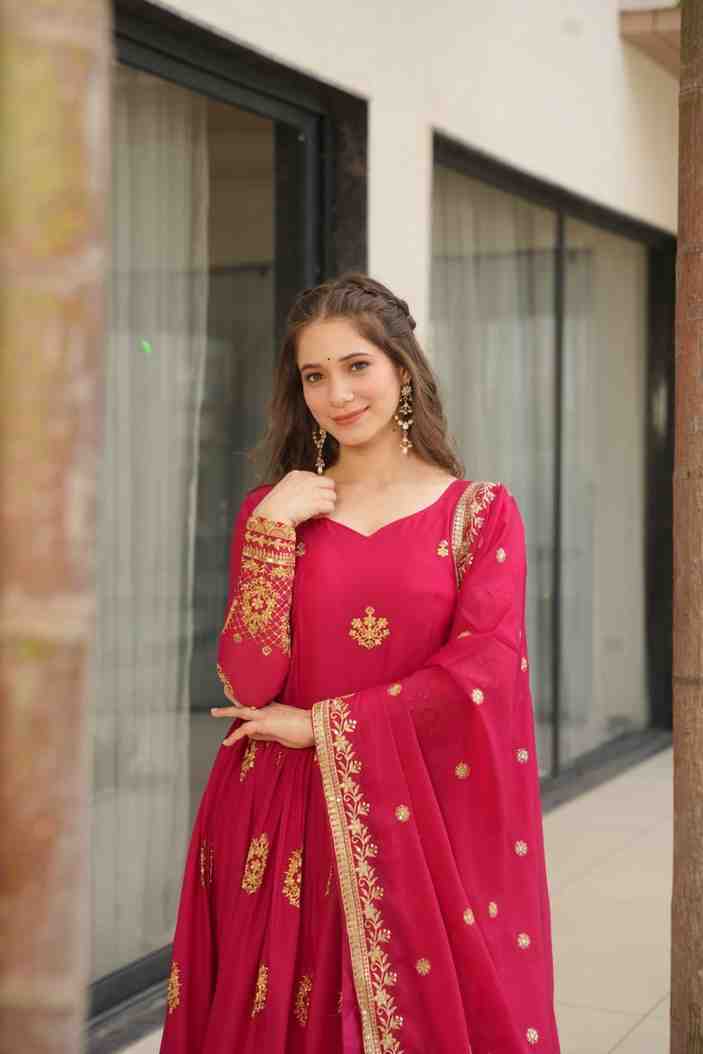Premium Pink Faux Blooming Embroidered Gown with Dupatta